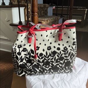 Brighton Black and White Floral Tote with Red Trim